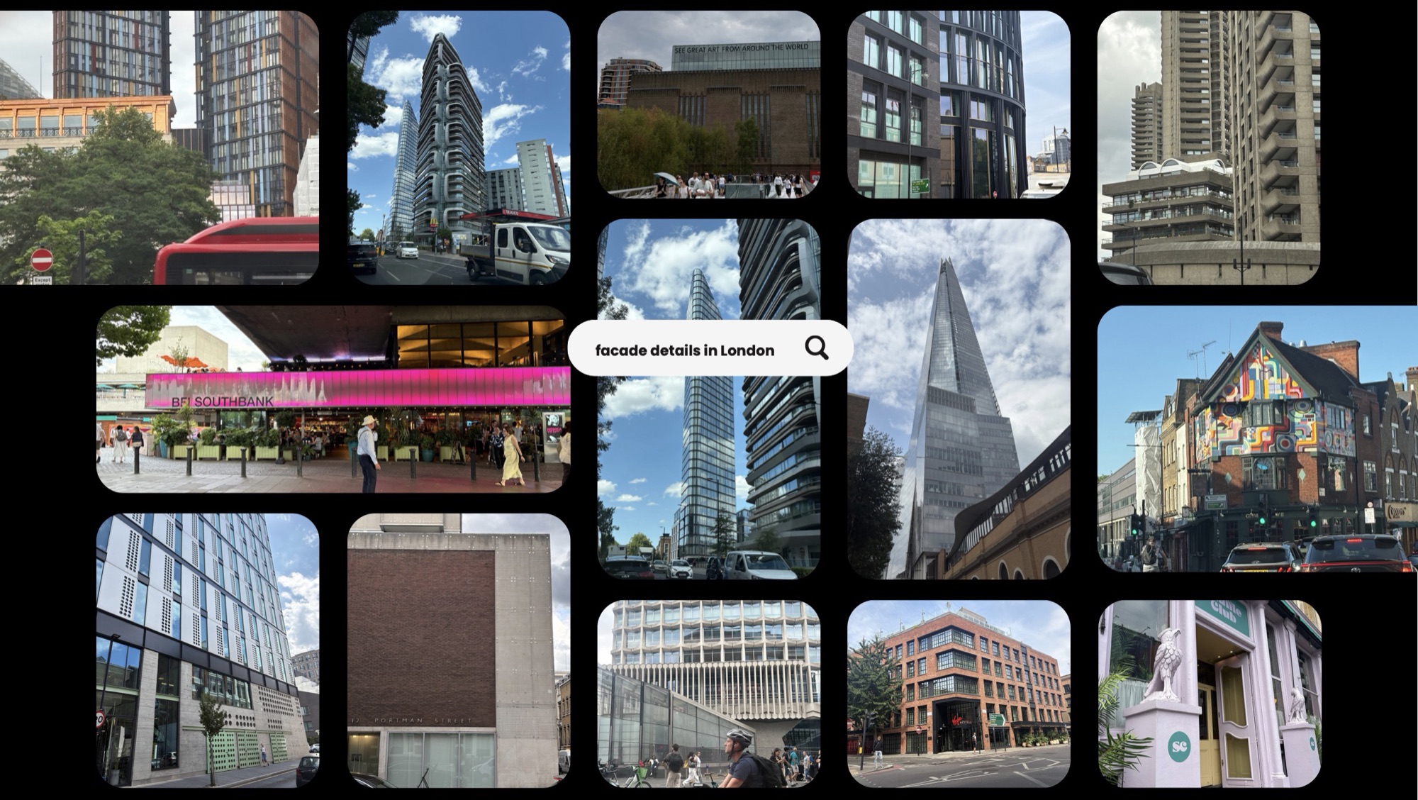 Facade details in London — a board of fourteen street facades: the Shard beside brick, the Barbican, BFI Southbank, a painted Camden pub front