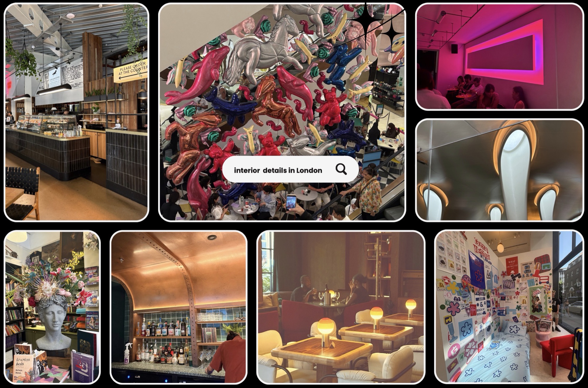 Interior details in London — a board of eight interiors: a restrained café counter, inflatable sculptures over a shop floor, a neon-pink room, a copper-vaulted bar, gradient table lamps in a hotel bar