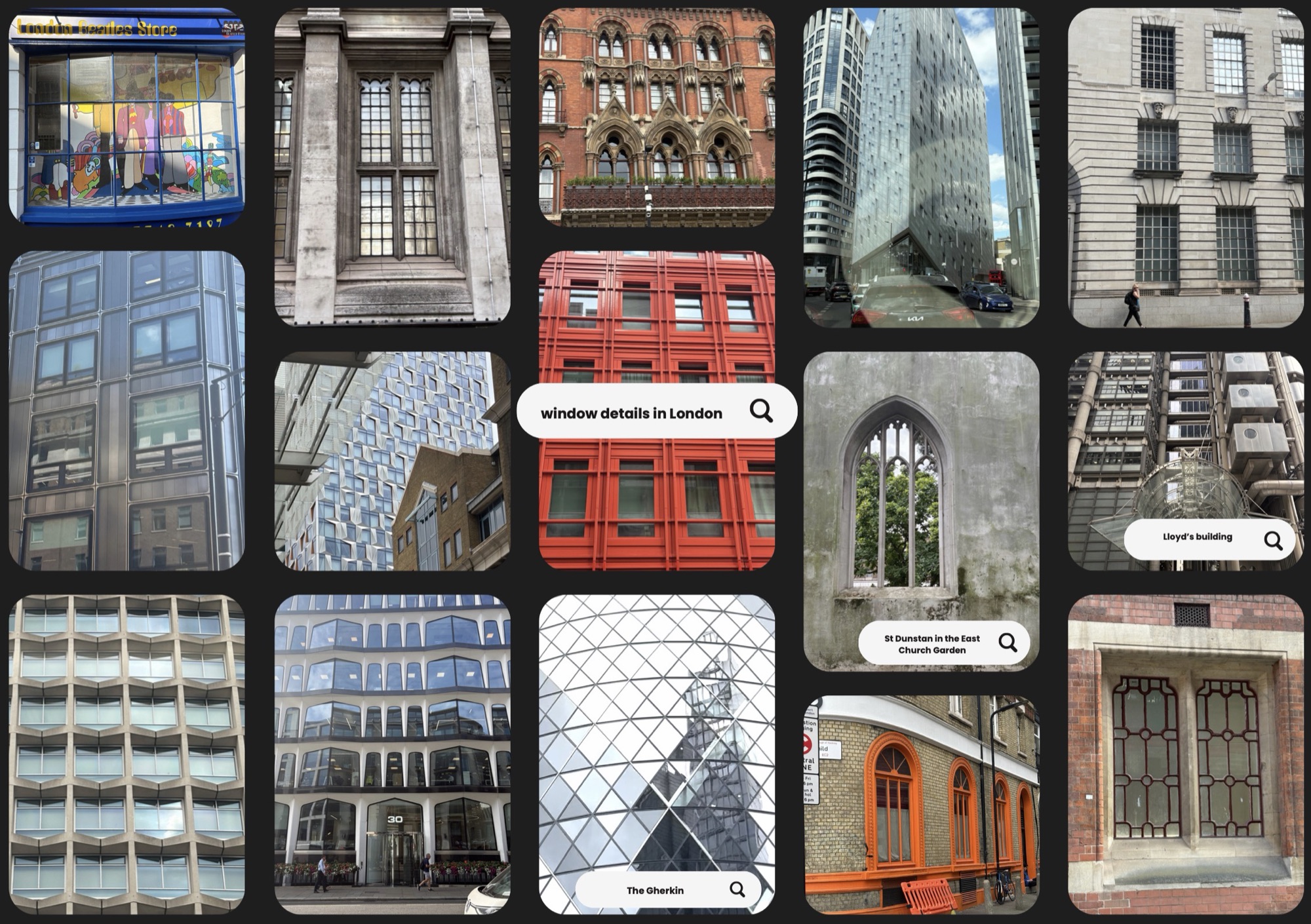 Window details in London — a board of fifteen windows, from a Georgian sash to the Gherkin’s diagrid, Lloyd’s Building and the empty Gothic frames of St Dunstan in the East